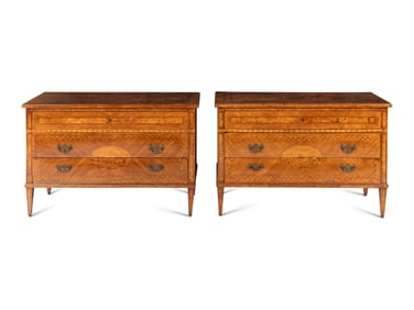 A Pair of North Italian Neoclassical Sans Traverse Walnut and Fruitwood Marquetry Commodes