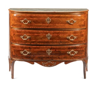 A Continental Walnut, Marquetry and Scagliola-Inset Commode