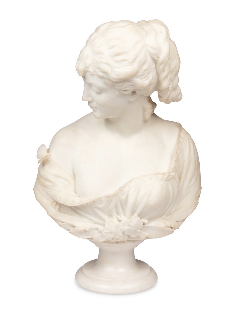 Pasquale Romanelli (Italian, 1812-1887): Pasquale Romanelli (Italian, 1812-1887) Signora e Farfalla marble signed P. Romanelli and Firenze on back Height overall 22 x width 16 inches. Property from the Historic Dr. John McLean House, Pullman