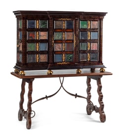 A Large Renaissance Style Semiprecious Stone Inlaid and Bronze Mounted Collector's Cabinet