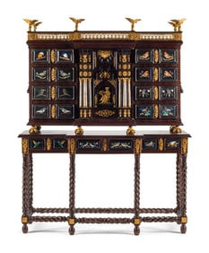 An Italian Gilt Bronze Mounted and Pietra Dura Inset Walnut Collector's Cabinet on Stand