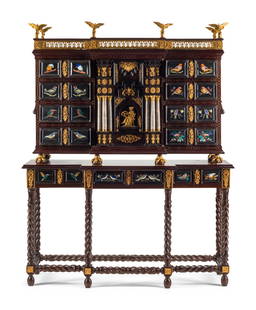 An Italian Gilt Bronze Mounted and Pietra Dura Inset Walnut Collector's Cabinet on Stand: An Italian Gilt Bronze Mounted and Pietra Dura Inset Walnut Collector's Cabinet on Stand 20th Century Height 77 x width 61 x depth 23 inches. This lot is located in Chicago.