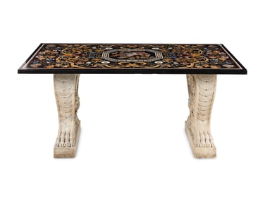 An Italian Pietra Dura Table Top and Pair of Italian Marble Volute Carved Supports
