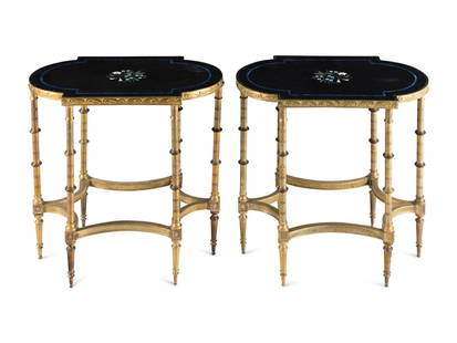 A Pair of Neoclassical Style Gilt Bronze and Pietra Dura Occasional Tables: A Pair of Neoclassical Style Gilt Bronze and Pietra Dura Occasional Tables Italian, 19th/20th Century Height 28 x width 29 x depth 18 1/2 inches. Property of a California Collector This lot is