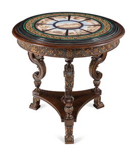 An Italian Micromosaic and Parcel Gilt Oak Center Table: An Italian Micromosaic and Parcel Gilt Oak Center Table Micromosaic possibly by Cesare Roccheggiani, Second Half 19th Century depicting various views of Rome and ruins. Height 32 1/2 x diameter 34 inc