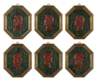 A Set of Six Continental Marble and Faux Porphyry Profile Medallions of Roman Emperors