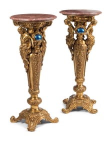 A Pair of Continental Gilt Bronze Marble-Top Figural Pedestals