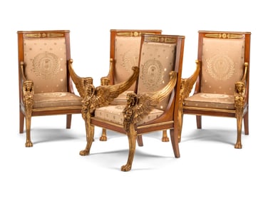 A Set of Four Italian Neoclassical Style Parcel Gilt Armchairs