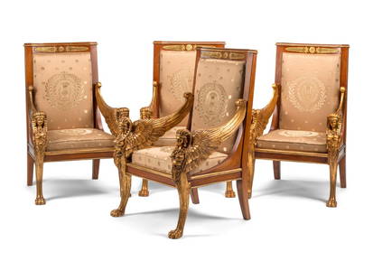 A Set of Four Italian Neoclassical Style Parcel Gilt Armchairs: A Set of Four Italian Neoclassical Style Parcel Gilt Armchairs 20th Century Height 44 1/2 x width 29 x depth 26 inches. This lot is located in Chicago.