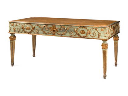 An Italian Neoclassical Painted and Parcel Gilt Marble-Inset Center Table: An Italian Neoclassical Painted and Parcel Gilt Marble-Inset Center Table 19th Century Height 32 x width 73 x depth 36 inches. This lot is located in Chicago.
