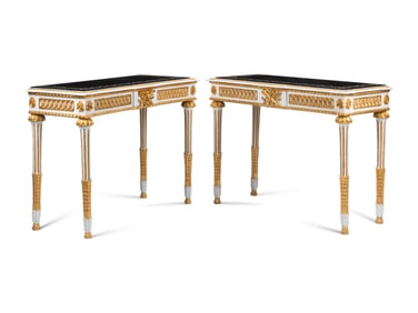 A Pair of Italian Neoclassical Style Painted and Parcel Gilt Specimen Marble-Top Console Tables