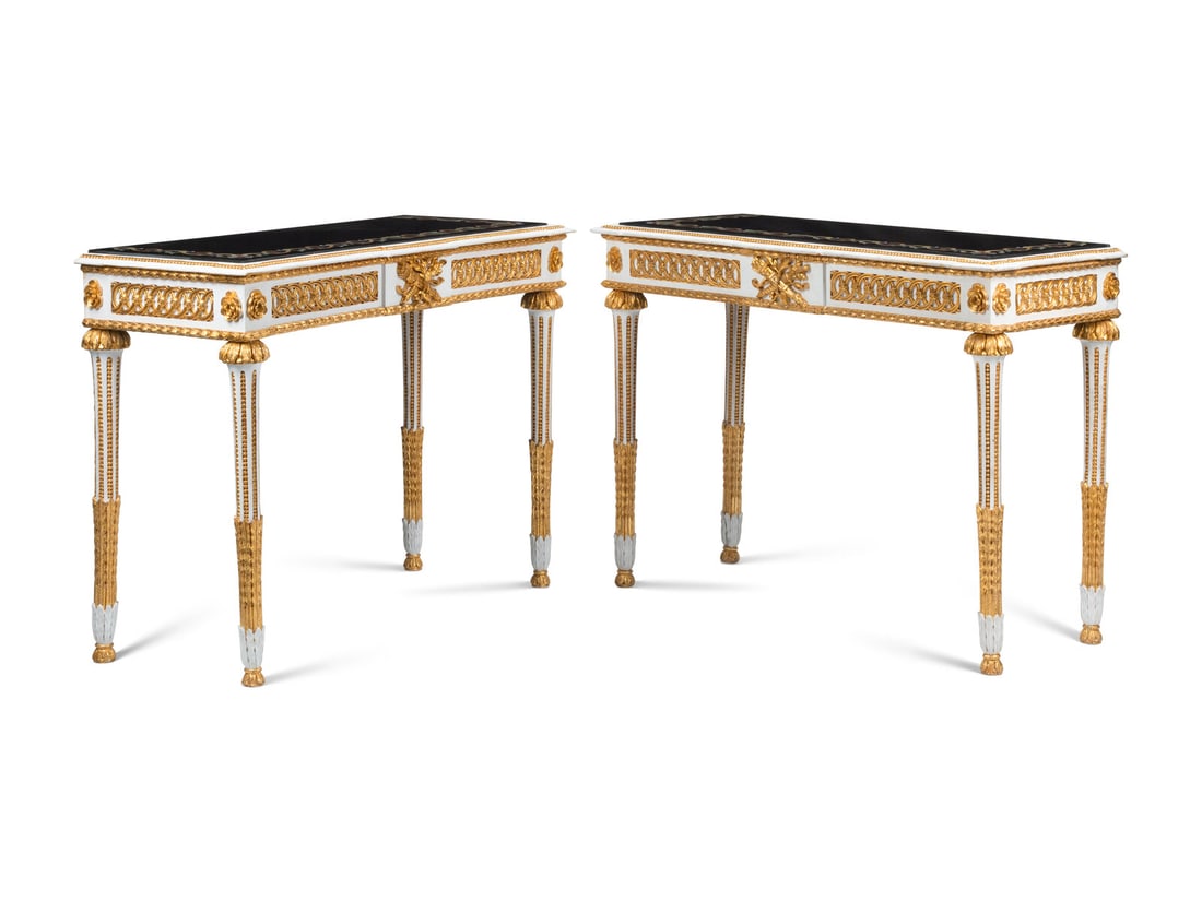 A Pair of Italian Neoclassical Style Painted and Parcel Gilt Specimen Marble-Top Console Tables: A Pair of Italian Neoclassical Style Painted and Parcel Gilt Specimen Marble-Top Console Tables 20th Century Height 35 1/2 x width 49 x depth 19 1/2 inches. This lot is located in Chicago.