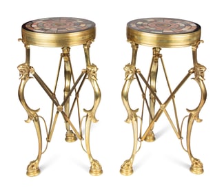 A Pair of Italian Grand Tour Style Pietra Dura and Micromosaic Inset Gilt Bronze Guéridons