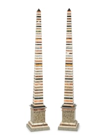 A Pair of Monumental Italian Grand Tour Style Vari-Color Marble Obelisks