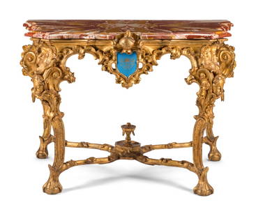 A Venetian Carved Giltwood Marble-Top Console Table: A Venetian Carved Giltwood Marble-Top Console Table 19th Century Height 36 1/2 x width 51 x depth 33 inches. This lot is located in Chicago.