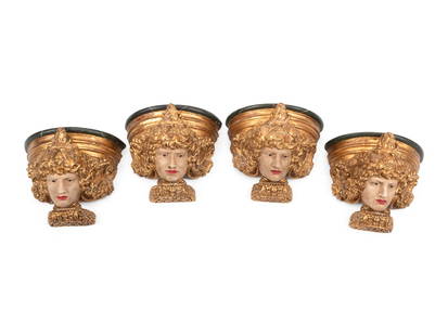 A Set of Four Italian Carved, Painted and Parcel Gilt Wall Brackets: A Set of Four Italian Carved, Painted and Parcel Gilt Wall Brackets 20th Century Height 10 x width 12 x depth 8 inches. This lot is located in Chicago.