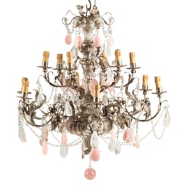 An Italian Silvered Tôle, Rose Quartz and Rock Crystal Twelve-Light Chandelier
