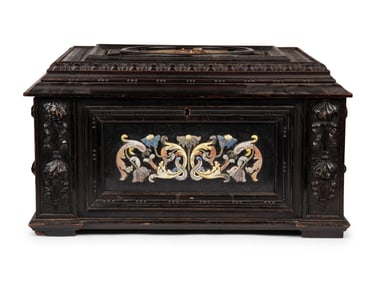 A Continental Baroque Style Hardstone Mounted Ebonized Table Casket