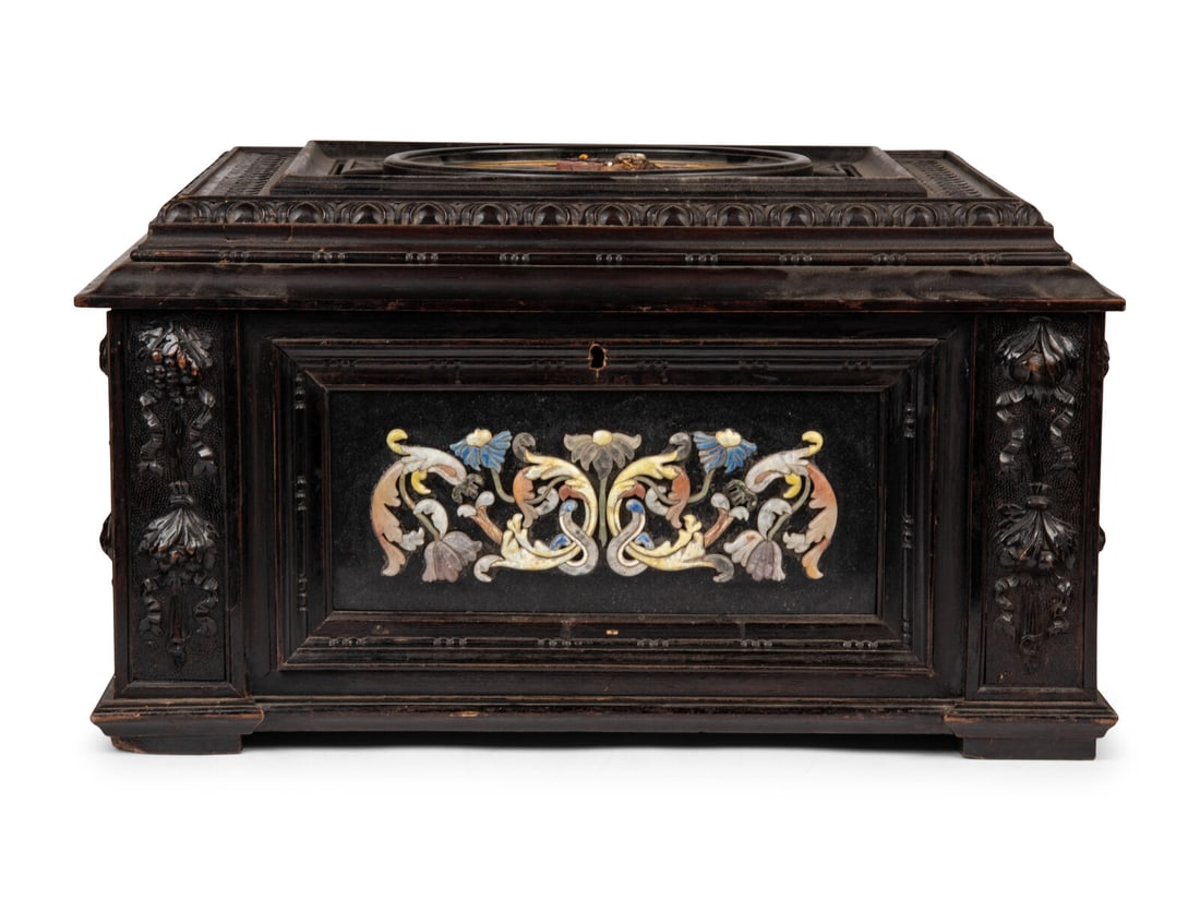 A Continental Baroque Style Hardstone Mounted Ebonized Table Casket (1 of 4)