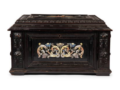 A Continental Baroque Style Hardstone Mounted Ebonized Table Casket: A Continental Baroque Style Hardstone Mounted Ebonized Table Casket 19th Century and Later Height 14 1/4 x width 26 x depth 21 inches. Property of a California Collector This lot is located in