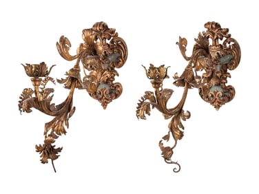 A Pair of Large Gilt Iron, Tôle and Polychrome Decorated Wood Candle Sconces