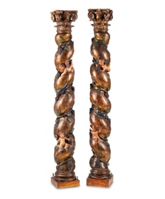 A Pair of Spanish Carved and Polychrome Decorated Solomonic Columns