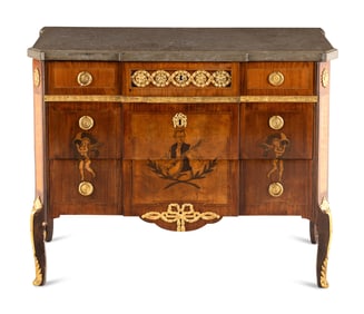 A Baltic Gilt Bronze Mounted Marquetry Marble-Top Commode
