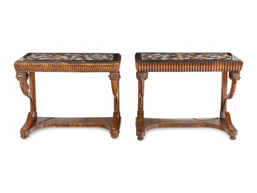 A Near Pair of North European Neoclassical Walnut Console Tables