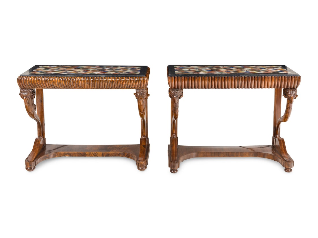 A Near Pair of North European Neoclassical Walnut Console Tables: A Near Pair of North European Neoclassical Walnut Console Tables Early 19th Century each with later rectangular specimen marble tops Height 41 1/2 x width 52 x depth 24 inches. Property of a Californi