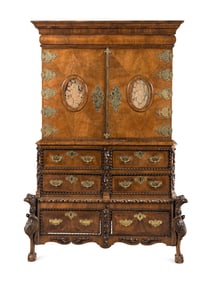 A Continental Baroque Brass Mounted Walnut Cabinet on Chest