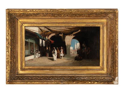 Henri Van Wyk (Dutch, 1833-1889) A View of a North African Courtyard with Market Beyond: Henri Van Wyk (Dutch, 1833-1889) A View of a North African Courtyard with Market Beyond oil on panel signed Van Wyk (lower left) 8 1/2 x 16 inches. Property of a California Collector This lot is