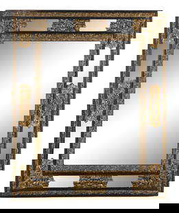 A Dutch Pressed Brass and Part Ebonized Mirror: A Dutch Pressed Brass and Part Ebonized Mirror Late 19th Century Height 50 1/2 x width 41 1/2 inches. This lot is located in Chicago. Provenance: New Orleans Auction Galleries, Spring Interiors and