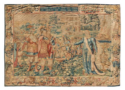 A Brussels Mythological Tapestry: A Brussels Mythological Tapestry 18th Century depicting the Oath of the Suitors, with Helen and a group of suitors before a crowd of warriors behind; an inscription at the top reading PERFIDIAM VITURU