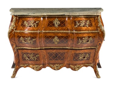 A Swedish Rococo Gilt Bronze Mounted Parquetry Marble-Top Commode