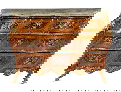 A Swedish Rococo Gilt Bronze Mounted Parquetry Marble-Top Commode: A Swedish Rococo Gilt Bronze Mounted Parquetry Marble-Top Commode In the Manner of Christian Linning, Third Quarter 18th Century Height 32 1/2 x width 49 x depth 22 1/4 inches. Property of a Californi
