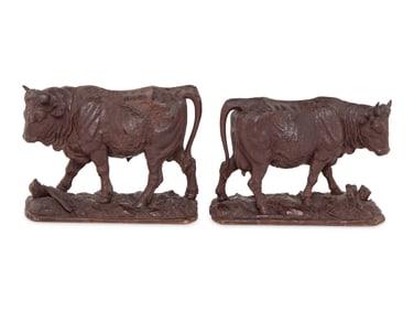 A Pair of Swiss Carved Wood Models of Cattle
