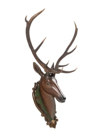 A Swiss 'Black Forest' Carved and Paint-Decorated Stag Head Trophy