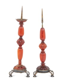 A Matched Pair of German Carved Amber-Mounted Pricket Sticks