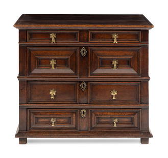 A William and Mary Oak Chest of Drawers: A William and Mary Oak Chest of Drawers Late 17th Century Height 33 x width 39 x depth 23 inches. Property from the Charlecote Antique Store, Kansas City, Missouri This lot is located in Chicago. Note