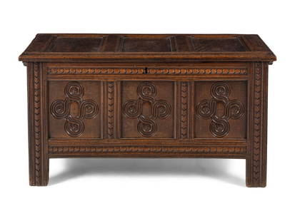 A William and Mary Carved Oak Blanket Chest: A William and Mary Carved Oak Blanket Chest 17th Century Height 25 x width 47 x depth 20 1/2 inches. Property from the Charlecote Antique Store, Kansas City, Missouri This lot is located in Chicago. N