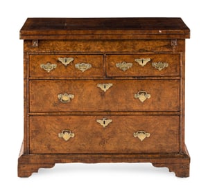 A Queen Anne Feather-Banded Burl Walnut Flip-Top Bachelor's Chest