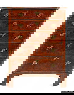 A George II Burl Walnut Chest of Drawers: A George II Burl Walnut Chest of Drawers Circa 1740 Height 45 x width 34 x depth 19 1/2 inches. Property from a Private Collection, Cincinnati, Ohio This lot is located in Chicago. Provenance: Roger D