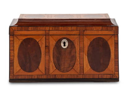 A George III Mahogany and Satinwood Parquetry Tea Caddy: A George III Mahogany and Satinwood Parquetry Tea Caddy Late 18th Century the interior with two metal lidded containers. Height 6 x width 9 3/4 x depth 5 inches. Property from the Charlecote Antique S