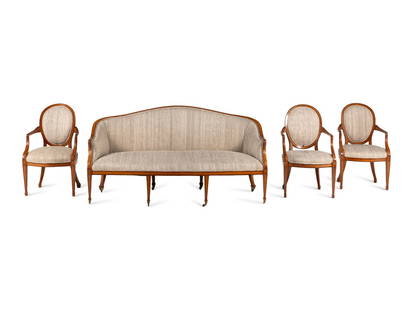 A George III Satinwood Four-Piece Seating Suite: A George III Satinwood Four-Piece Seating Suite 19th Century comprising a settee and three chairs. Height of settee 37 x width 73 x depth 33 inches; height of armchair 37 x width 23 x depth 21 inches.