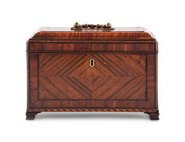 A George III Tulipwood, Ebony and Fruitwood Parquetry Tea Caddy