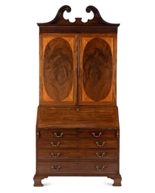 A George III Mahogany and Boxwood Slant-Front Bureau Cabinet