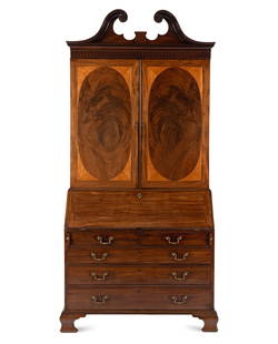 A George III Mahogany and Boxwood Slant-Front Bureau Cabinet: A George III Mahogany and Boxwood Slant-Front Bureau Cabinet Circa 1775 Height 106 x width 46 x depth 12 inches. Property from the Charlecote Antique Store, Kansas City, Missouri This lot is located i