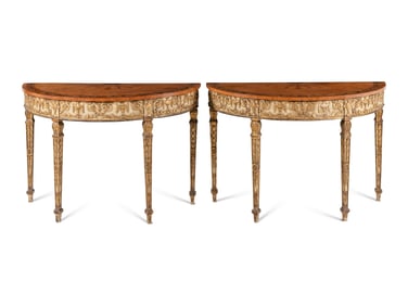 A Pair of George III Style Satinwood, Marquetry, Painted, and Parcel Gilt Demilune Console Tables