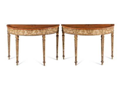 A Pair of George III Style Satinwood, Marquetry, Painted, and Parcel Gilt Demilune Console Tables: A Pair of George III Style Satinwood, Marquetry, Painted, and Parcel Gilt Demilune Console Tables In the Manner of Robert Adam, 19th Century Height 32 x width 47 1/2 x depth 19 3/4 inches. Property