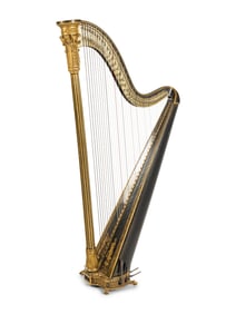 A Regency Brass Mounted, Stencil Decorated, Parcel Gilt and Ebonized Harp